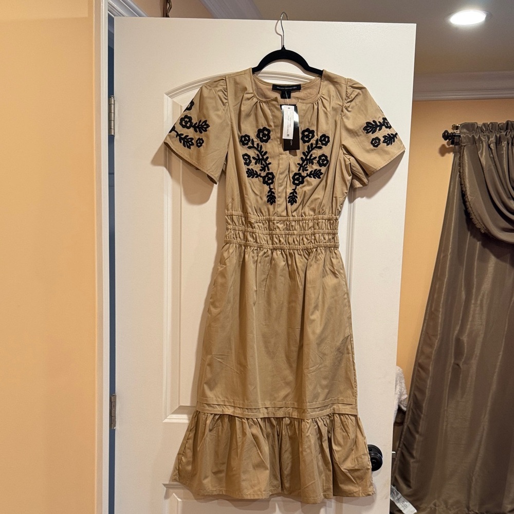 French Connection Tan Dress with Black Embroidery